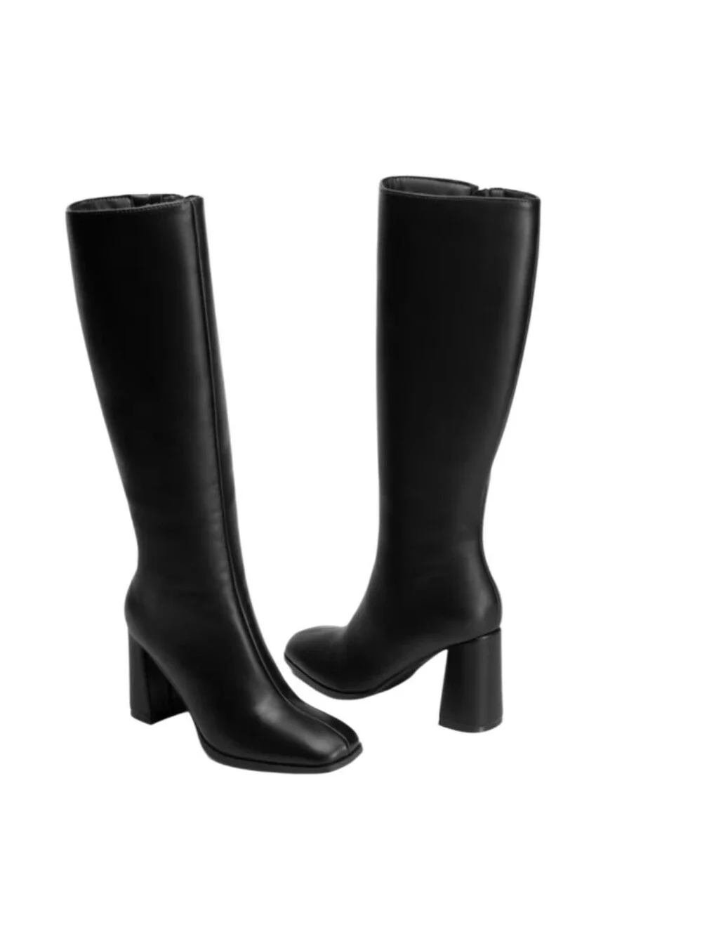 #B503 Classic Black Knee-High Block Heel Boots